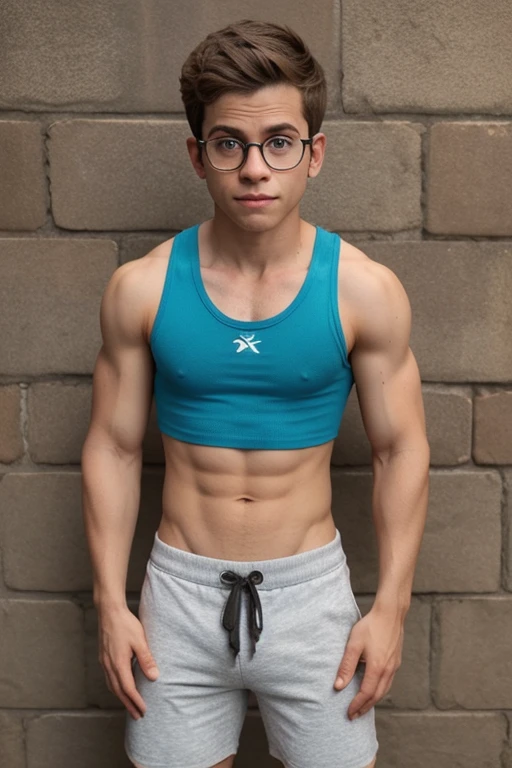milo_thatch, tank top, pants, looking at the viewer, veiny arms, glasses, rock wall, realistic, garoto zangado na rua, roupa rasgada, sem camisa, shaved shorts, Serious expression, sujo, suado