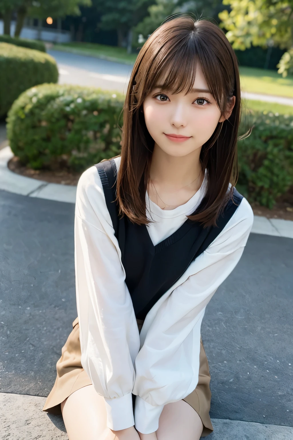 in 8K,Best Quality:1.4, 超A high resolution:1.5, (Photorealistic:1.4),masterpiece:1.2,(top-quality:1.4)、 Raw photo、 (From the knee up:1.8, From Side:0.7), (the background is blurred), a park,FULL BODYSHOT:1.4、 1 Japanese girl, Cute, (Solo), (Shy smile), Smooth skin、TThe shirt、a miniskirt、 (Brown medium hair,Bangs), (touch hair:1.4)、nogizaka、cute little、Supple fingertips,Beautiful black eyes、natural skin textures:1.3, realistic eyes and face details:1.7、middlebreasts、Gravure Pose:1.1、Toned buttocks:1.2、gazing at viewer,thighs thighs thighs thighs、((dynamicposes))、(camel's toe)、(half)、(panthyhose)、(Sitting on legs bending the knees)
