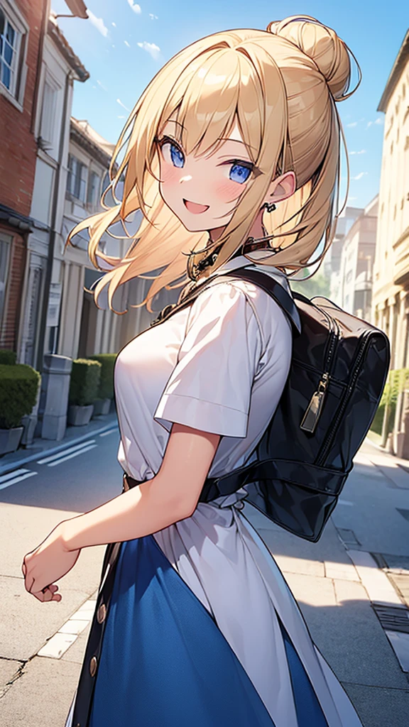 Eliayase, ayase eli, (Yellow hair:1.3), Blue eyes, Ponytail, Hair Ribbon, BREAK is Otonokizaka uniform, Pleated skirt, School uniform, Short sleeves, Skirt, Summer uniform, Sweater Vest, (Yellow sweater vest:1.5)、(Blake Blue Skirt:1.3), Plaid, plaid skirts,BREAK looking at viewer, BREAK (masutepiece:1.2), Best Quality, High resolution, Unity 8k壁纸, (Illustration:0.8), (Beautiful detailed eyes:1.6), extra detailed face, Perfect Lighting, extremely details CG, (Perfect hands, Perfect ???????),, Outdoors、 (View from behind1.3)、 (white panties:1.3)、(Skirt that rolls up:1.3)、(Fully exposed panties:1.5),、red blush、embarrassed from、, Accidental exposure, Skirt lift, (Bag), (Ass), embarrassed, Blushing, wobbly mouth, (angry), from behind, Looking at Viewer, Outside, Panties, Sexy, thick thighs, wide hips