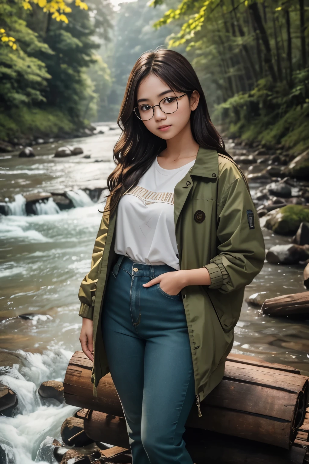 detailed face of  photo. 20 year old white skin Indonesian girl with a sweet  face, slim body   round face chubby face and long Brown wavy hair, round glasses wearing a long army green jacket and long denim pants in a wood mill on the edge of a murky river