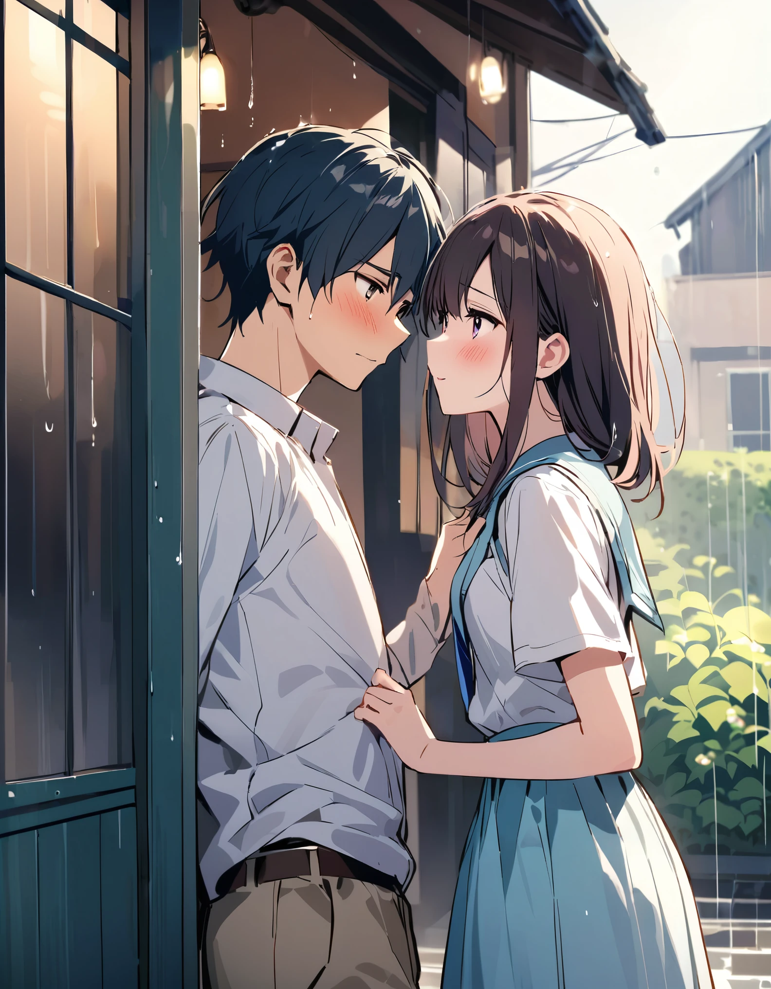 A scene with a boy and a girl, both in their teens, before they start dating. They are mutually in love but haven't confessed yet. The atmosphere is sweet and slightly awkward, with a sense of young love. They are taking shelter from the rain as they have no umbrella, standing close to each other under the eaves of a building. The boy and girl are blushing and shy, stealing glances at each other while trying to stay dry. The background shows a gentle rain falling, with a hint of a romantic setting in an urban environment.,After school,uniform,A delicate distance、A girl grabs a boy's sleeve、((((Stand side by side))))