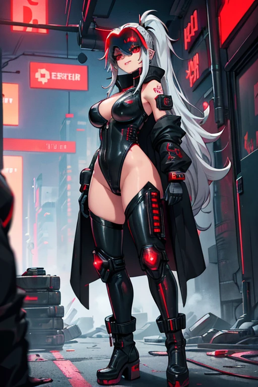 female, silver long hair with black highlights, red eyes, (((1girl))), (((red cyberpunk bodysuit))), (black sleeveless cyberpunk coat), (black gloves), (black belt), (black boots), (cyberpunk helmet with visor), cute and sexy, full body, large breasts, large butt, long legs, smiling