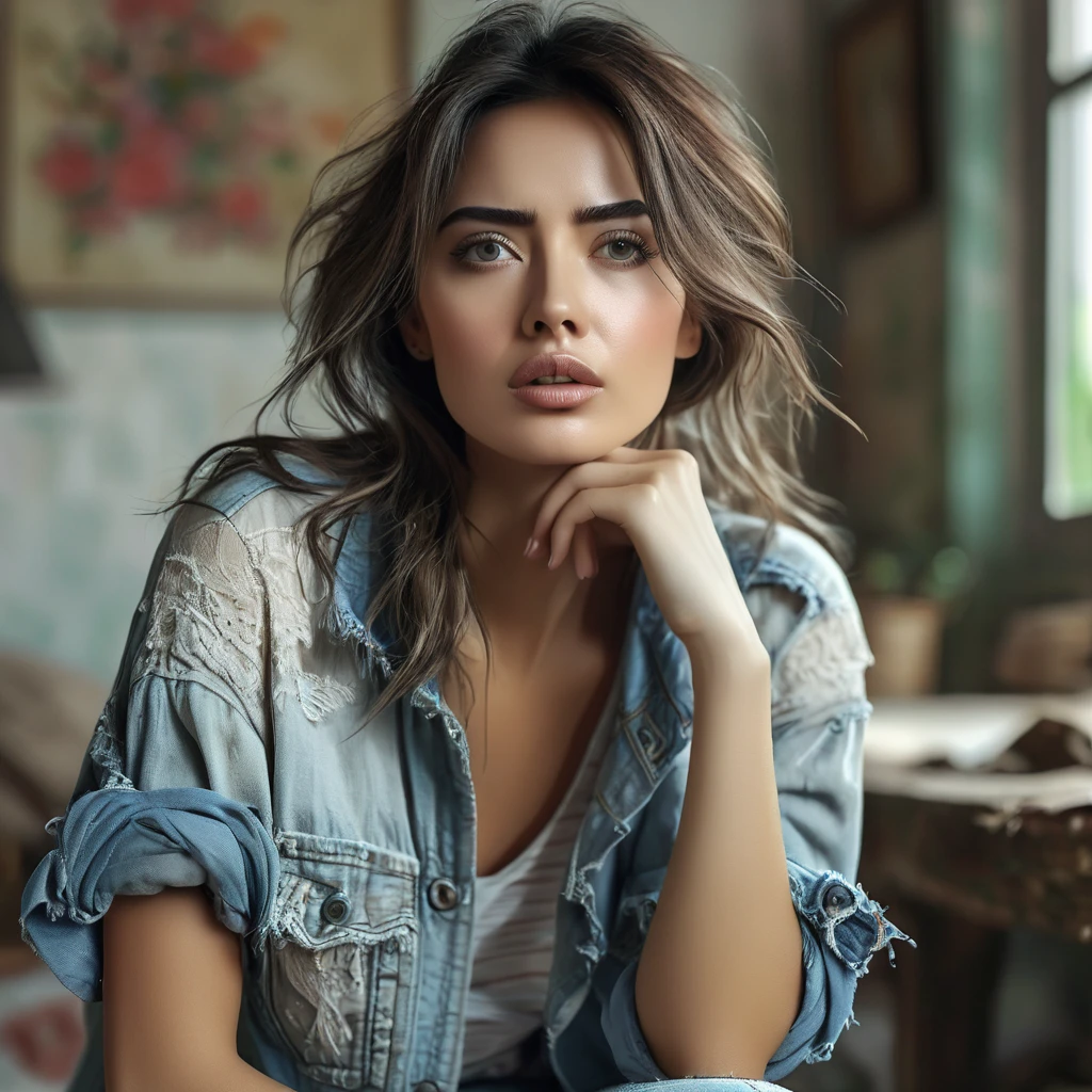 portrait of a woman wearing shabby casual clothes, expression full of alertness, very detailed, UHD, 8K