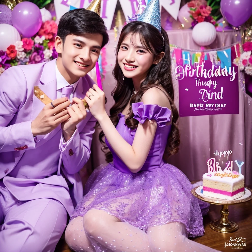 Birthday party in a woman and boy ,a wearing dress purple, smile,cake birthday font RIANI