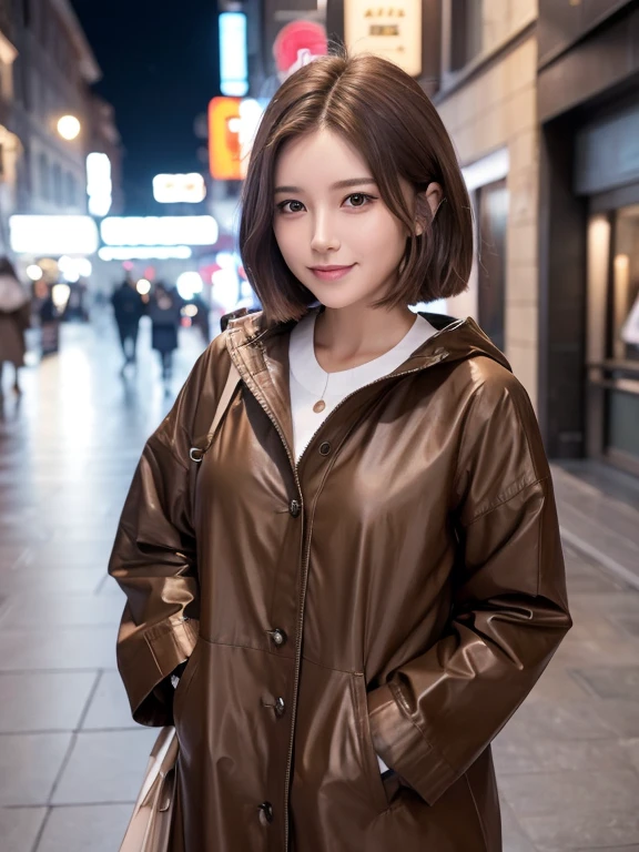 masterpiece, highest quality, High resolution,alone,Brown Hair,artistic,Best lighting,casual,Flat Chest,Beautiful Face,expensive,smile,light makeup,Age 25,Calm woman,Detailed Hair,Laughing woman,Bob Cut Hair,Woman in raincoat,outside,night,Shopping Street