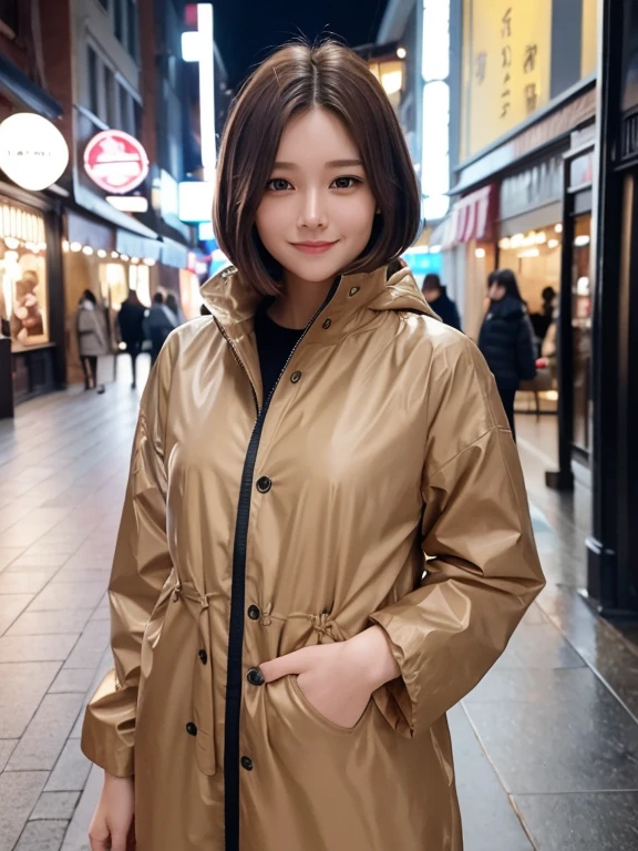 masterpiece, highest quality, High resolution,alone,Brown Hair,artistic,Best lighting,casual,Flat Chest,Beautiful Face,expensive,smile,light makeup,Age 25,Calm woman,Detailed Hair,Laughing woman,Bob Cut Hair,Woman in raincoat,outside,night,Shopping Street