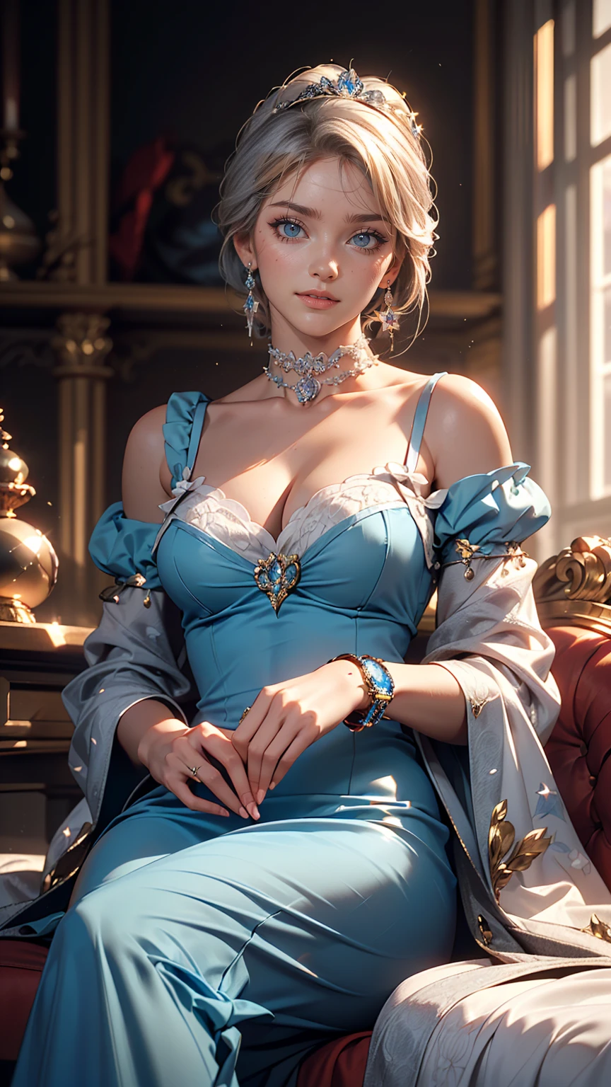 8K, RAW Photos, highest quality, masterpiece:1.2), (Realistic, photo-Realistic:1.37)、Earrings, eyelash, pantyhose、Sexy and provocative smile、 (Shiny skin:1.05)、Venus Body、Having her hair done、My chest is popping out、Wear accessories on your wrist、Wearing accessories on the ankle、Background blur((depth of field)、23 year old white female、Silver Hair、long hair、blue eyes、Disney「Cinderella」のCinderellaが豪奢な白いドレスを着る、Wear a white choker、Attending a ball at the royal castle