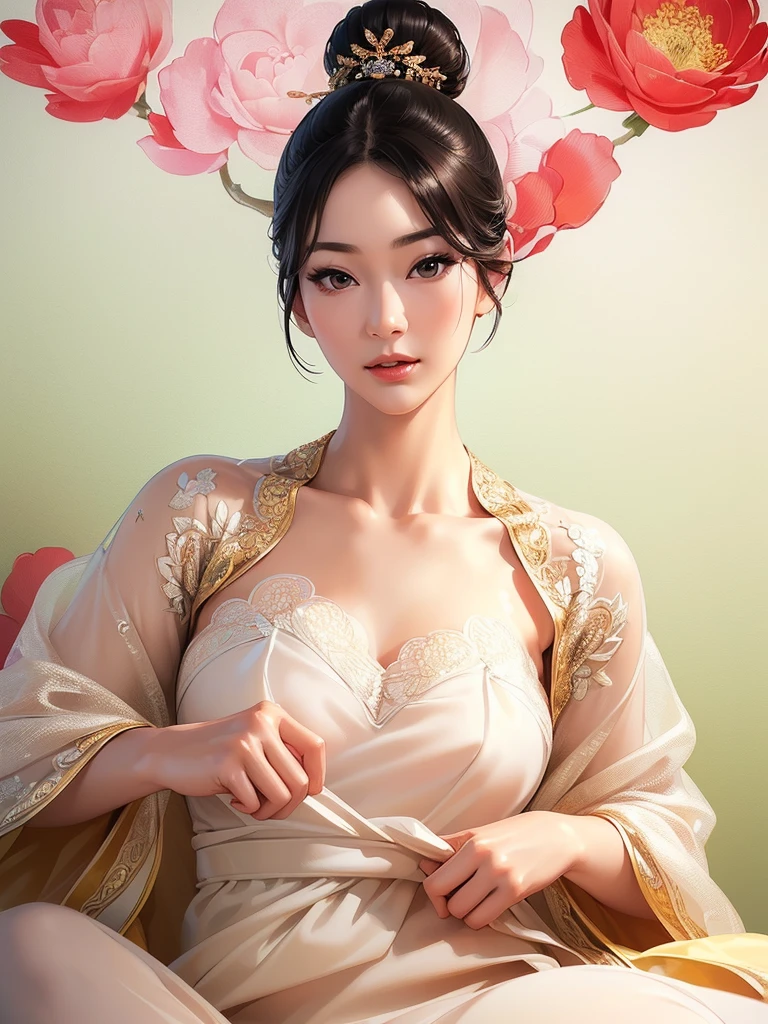(best quality,ultra-detailed,realistic:1.37),(Korean:1.1)(beautiful detailed dress,adult,woman,detailed description),(beautiful detailed woman,beautiful Chinese background,exposed collarbone),(black eyes,natural eyes,realistic facial features,beautiful leg line),(sexy,full body photo,realistic body proportions,accurate eye ratio),(frontal photo,realistic and slender face)