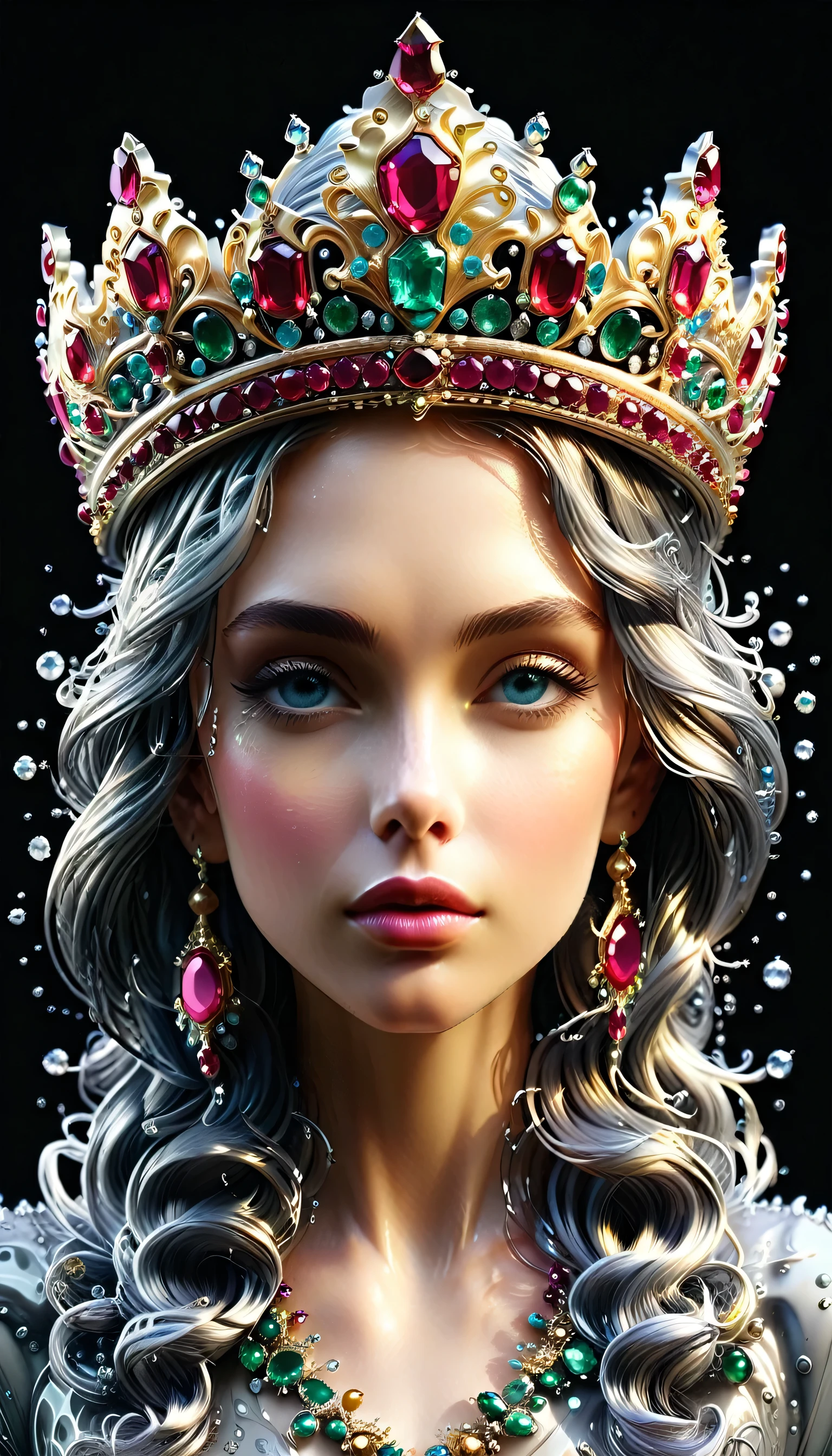 (liquid metal art: 1.5) LIQUID METAL a picture of jeweled crown ( (masterpiece, best detailed, best quality: 1.4), the crown is made from (gold: 1.2), (silver: 1.3), there are golden swirls, ( (masterpiece, best detailed, best quality: 1.2), there are silver swirls ( (masterpiece, best detailed, best quality: 1.2),  it is encrusted and decorated with (rubies: 1.3), emeralds: 1.3) and (opals: 1.3), dynamic background, close range picture,  ultra wide shot, photorealism, depth of field, hyper realistic, ral-ntrgmstn, watce, metallic