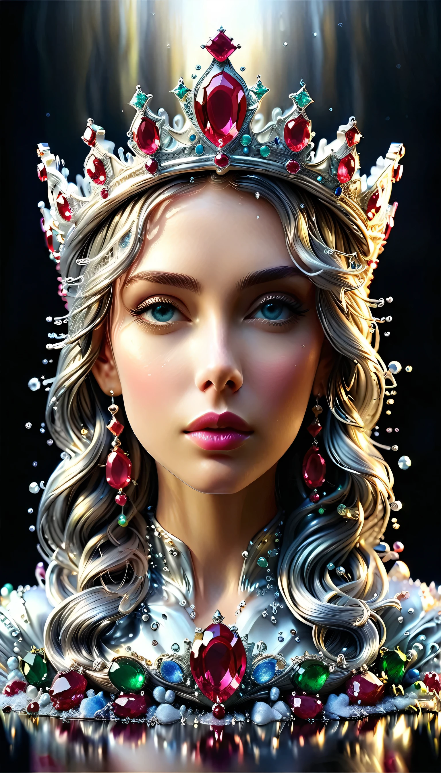 (liquid metal art: 1.5) LIQUID METAL a picture of jeweled crown ( (masterpiece, best detailed, best quality: 1.4), the crown is made from (gold: 1.2), (silver: 1.3), there are golden swirls, ( (masterpiece, best detailed, best quality: 1.2), there are silver swirls ( (masterpiece, best detailed, best quality: 1.2),  it is encrusted and decorated with (rubies: 1.3), emeralds: 1.3) and (opals: 1.3), dynamic background, close range picture,  ultra wide shot, photorealism, depth of field, hyper realistic, ral-ntrgmstn, watce, metallic