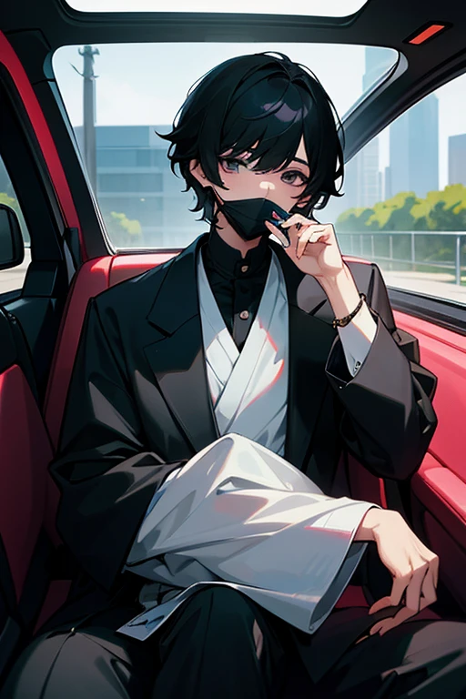 Arabian man in a car wearing a black jacket and holding a mobile phone, male Ulzzang, Shin Jinyoung, Shin Jinyoung aesthetic, 1. The thin face of a 7-year-old boy, Kim Do-young, Wearing a black menpo mask, Ulzzang, Jungkook, The boy has short black hair, Cai Xukun, Kanriu 666