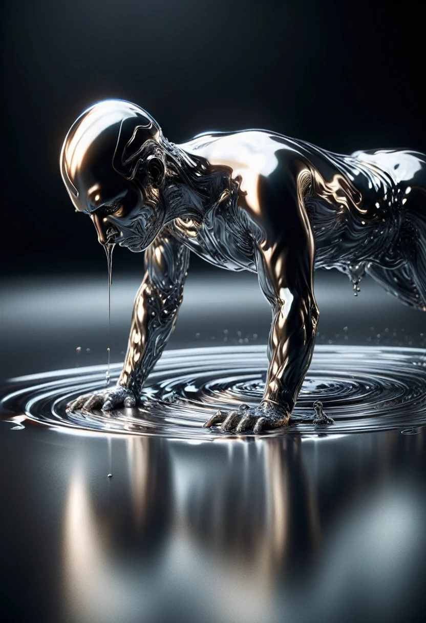 [Human doing push-ups : A group of people : 20] Rising from a pool of liquid metal, Very shiny, Smooth surface texture, polished surface, reflective, Front 45 degree angle, Inlay ral-chrome, PhotoPractical, HyperPractical, Ultra Detailed, Analog style, Delicate skin, matte skin, soft light, Subsurface scattering, Practical, Heavy shadows, masterpiece, best quality, ultra Practical, 8K, Golden Ratio, Wheels within wheels, High Detail, Film Photography, Soft Focus