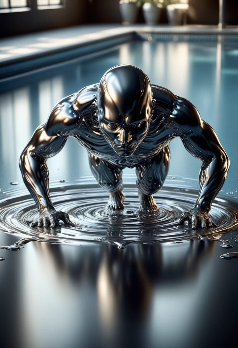 [Human doing push-ups : A group of people : 20] Rising from a pool of liquid metal, Very shiny, Smooth surface texture, polished surface, reflective, Front 45 degree angle, Inlay ral-chrome, PhotoPractical, HyperPractical, Ultra Detailed, Analog style, Delicate skin, matte skin, soft light, Subsurface scattering, Practical, Heavy shadows, masterpiece, best quality, ultra Practical, 8K, Golden Ratio, Wheels within wheels, High Detail, Film Photography, Soft Focus