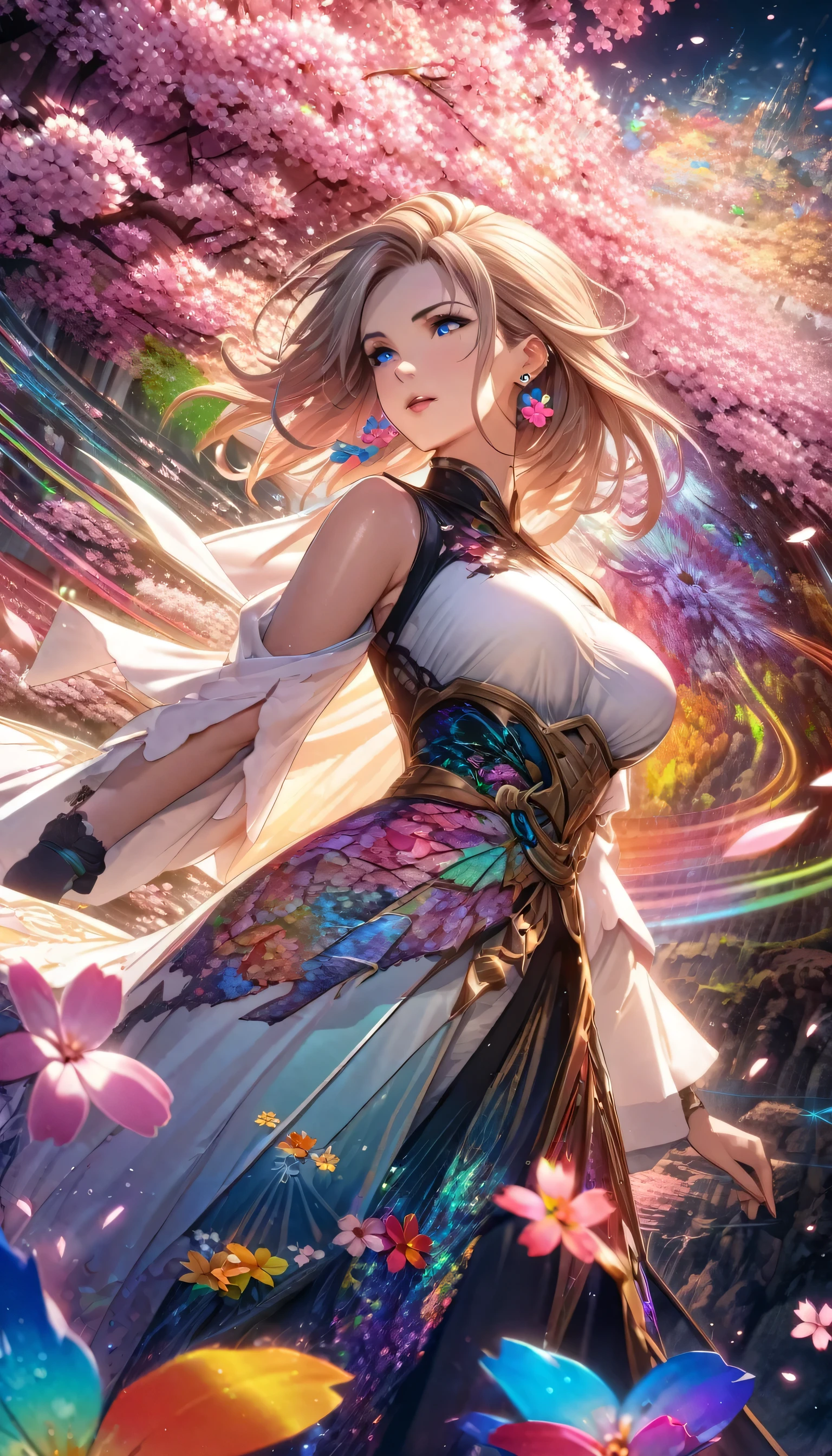 Anime Style, Ultra-fine illustrations, Very detailedな, Dynamic Angle, Beautiful details, 8k, On a Spring Night, Cherry blossom tree illuminated by city lights々is quietly shining. Break A woman stops, I was fascinated by the beautiful scenery, Watching the cherry blossoms fluttering down. Her expression is、It speaks of the coming of spring and a heartfelt admiration for the beauty of cherry blossoms.. masterpiece, highest quality, highest quality, Official Art, beautifully、Aesthetically beautiful:1.2), (1 girl, mature:1.3, Older:1.3), Very detailed,(Fractal Art:1.1),(colorful:1.4)(Flowers:1.3),Most detailed,(Tangled:1.2), (Dynamic pose), (Abstract background:1.3), (Shiny skin), (Many colors:1.4),(Earrings:1.4),