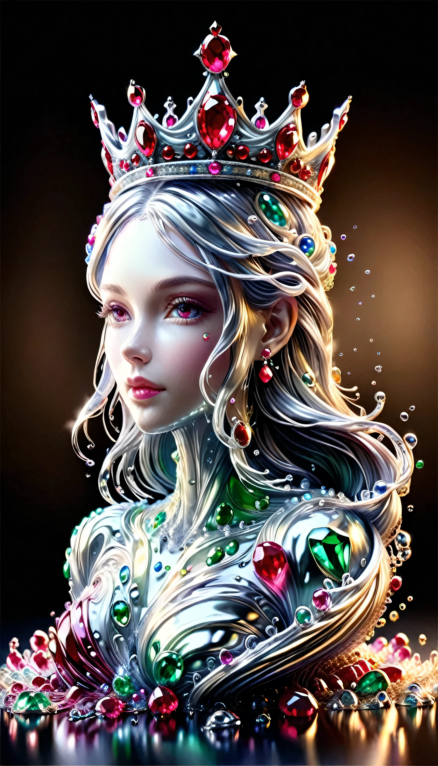 (liquid metal art: 1.5) LIQUID METAL a picture of jeweled crown ( (masterpiece, best detailed, best quality: 1.4), the crown is made from (gold: 1.2), (silver: 1.3), there are golden swirls watce, ( (masterpiece, best detailed, best quality: 1.2), there are silver swirls watce ( (masterpiece, best detailed, best quality: 1.2),  it is encrusted and decorated with (rubies: 1.3), emeralds: 1.3) and (opals: 1.3), dynamic background, close range picture,  ultra wide shot, photorealism, depth of field, hyper realistic, ral-ntrgmstn, watce, metallic, ais-moltenz