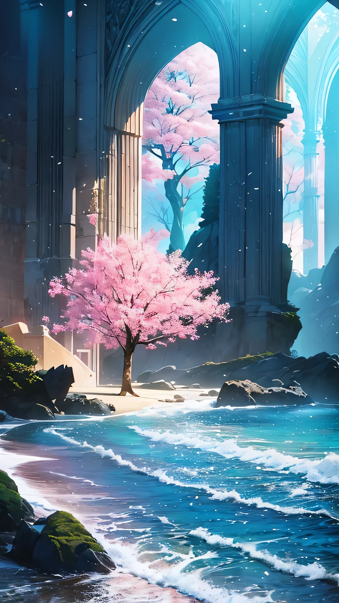 Amazing pink tree on the rocks on the beach, A realistic depiction style of light, aisle, Art inspired by faith, ruins, Light-filled scene, immersive environments, Floral and natural motifs