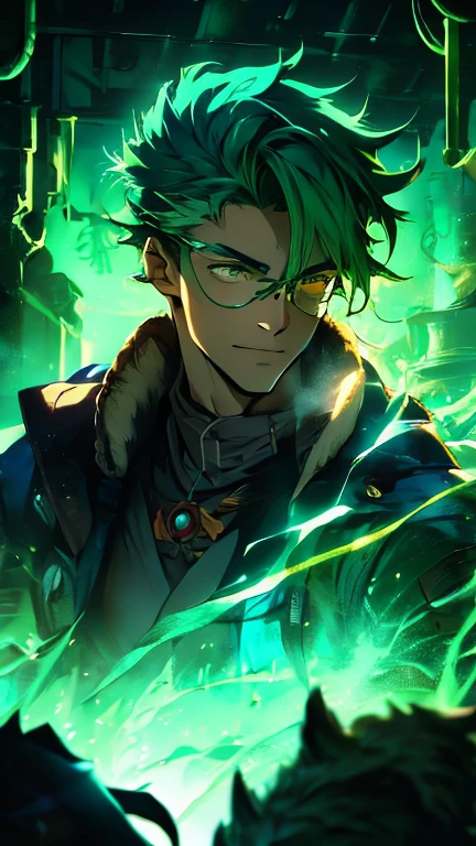 anime character with a green glow and a white snake, from cryptid academia, he has a glow coming from him, harry potter in cyberpunk, he is in a alchemist lab, he is casting a lighting spell, handsome guy in demon slayer art, official fanart, thin young male alchemist, portrait of a male hydromancer, human and dragon fusion, highly detailed exquisite fanart