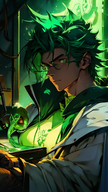 anime character with a green glow and a white snake, from cryptid academia, he has a glow coming from him, harry potter in cyberpunk, he is in a alchemist lab, he is casting a lighting spell, handsome guy in demon slayer art, official fanart, thin young male alchemist, portrait of a male hydromancer, human and dragon fusion, highly detailed exquisite fanart