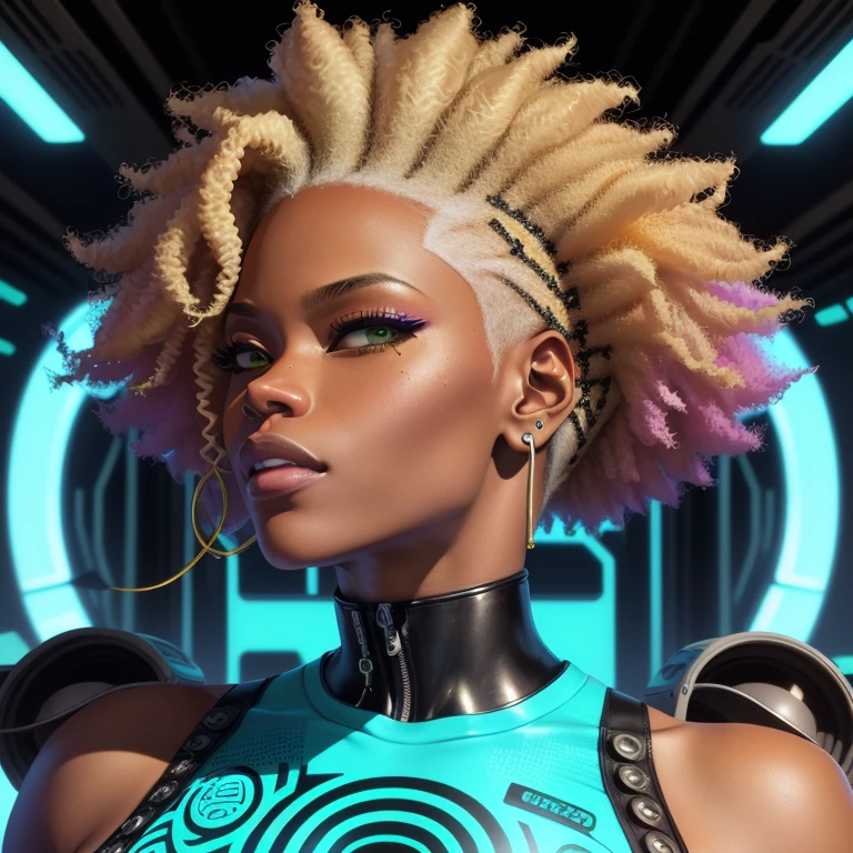 realistic character with blonde hair and a white tank top, afrofuturism anime, afro futuristic, afrofuturistic, afro futurism, afro - futurist style, style of jet set radio, short blonde afro, afrofuturist, afro tech, afro, afrofuturism, avatar image, jet set radio future, jet set radio, black female, rotoscope, portrait of ororo munroe, cyberpunk reality, stand up pose