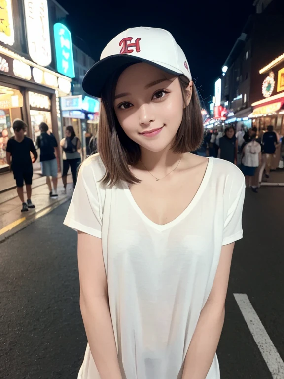 masterpiece, highest quality, High resolution,alone,Brown Hair,artistic,Best lighting,casual,Flat Chest,Beautiful Face,expensive,smile,light makeup,Age 25,Calm woman,Detailed Hair,Laughing woman,Bob Cut Hair,A woman wearing a baseball cap,outside,night,Shopping Street