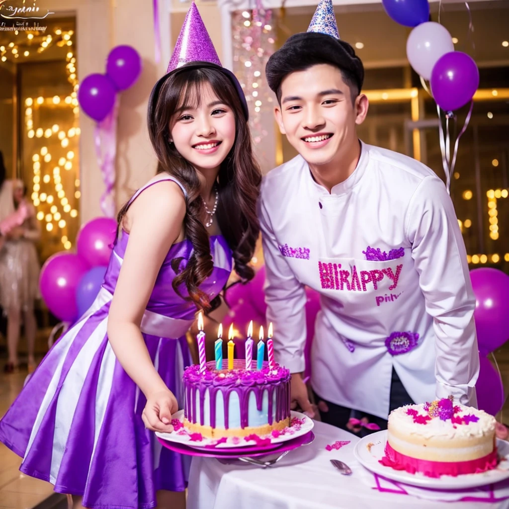 Birthday party in a woman and boy ,a wearing dress purple, smile,cake birthday font RIANI