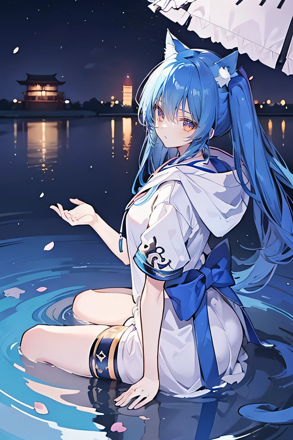 （masterpiece：1.2），Super detailed，lifelike，Expressive eyes，fair skin，perfect face shape，1 girl，
Japanese comics,Gorgeous blue hair,flowing blue hair,flowing clothes,Cat ears,Petals fall,beautiful lola,Baby Angel,
Shaking head with one hand，Cross your legs，Gentle and peaceful background，The pavilion is cool and comfortable,smile, wearing hoodie, background of tokyo,back views,snowing, winter,lie on the water. 