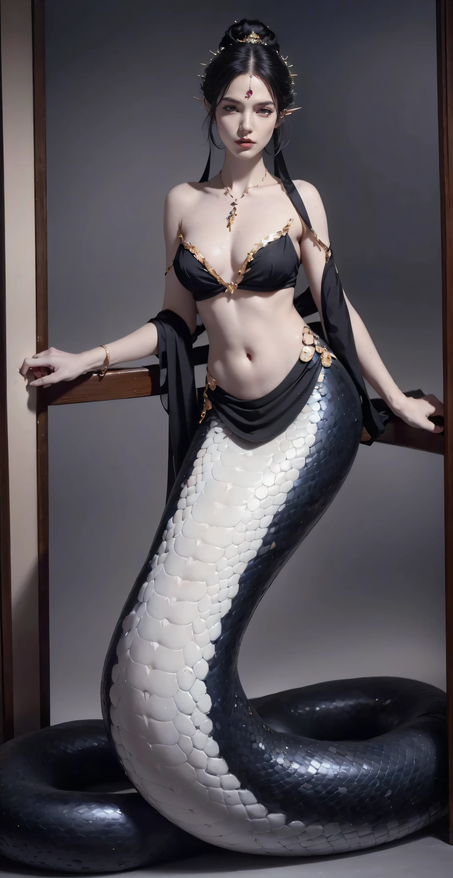 ((best quality)), ((masterpiece)), (detail:1.4), Beautiful costume girl,（Mermaid:1.2），Lamia，（long snake tail:1.5），Black long hair，Hair Bun，Jewelry，Delicate face，Delicate hands，Radiant Skin，Big breasts and thin waist，Beautiful black snake scales，（Transparent Black Tulle Dress:1.2），Brilliant style，Gauze skirt，Short skirt，wonderland，Abdominal muscles，charm，City，Fairy，Chinese，8K