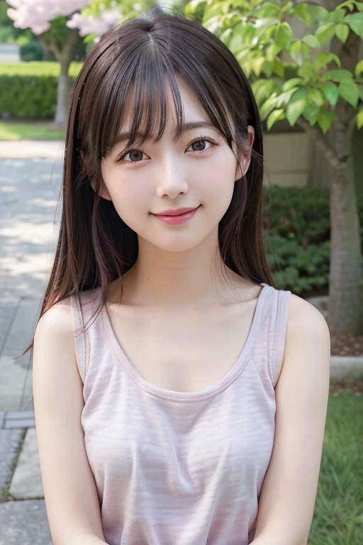 top-quality、超A high resolution、(photoRealstic:1.4)、red blush、cute little、(Detailed face)、Smile、Looking at the camera、The upper part of the body、komono、Sunnyday、(cherry trees)、blue-sky、camisole pink