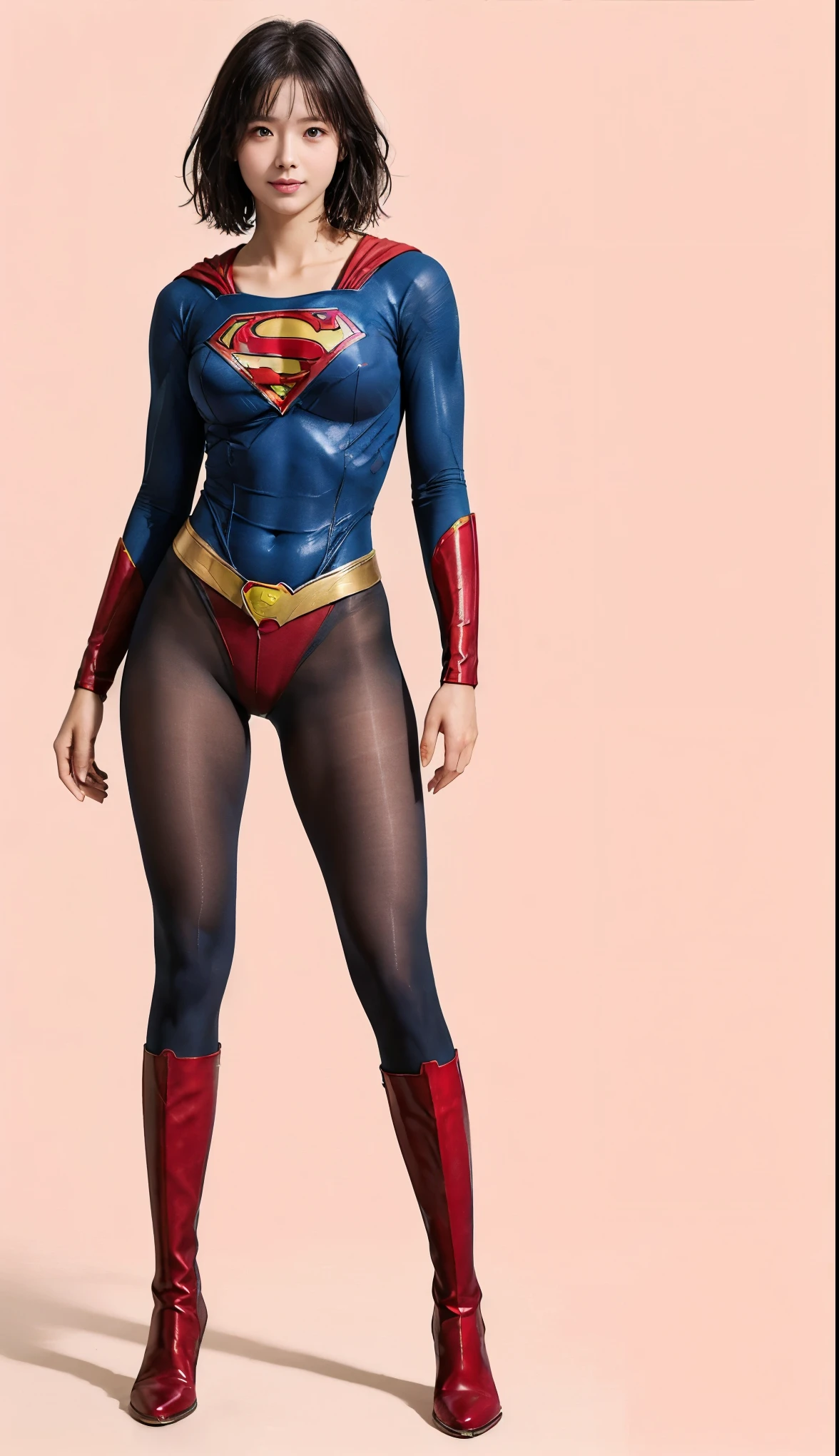 No background、(((Beautiful legs in black tights.)))、(((Legally express the beauty of your smile)))、((((Make the most of your original images)))、(((Supergirl Costume)))、(((Beautiful short bob hair)))、(((suffering)))、(((Please wear black tights....、Wear red boots)))、((Best image quality、8k))、((highest quality、8k、masterpiece:1.3))、(((Preserve background )))、Sharp focus:1.2、Beautiful woman with perfect figure:1.4、Slim Abs:1.2、Wet body:1.5、Highly detailed face and skin texture、8k