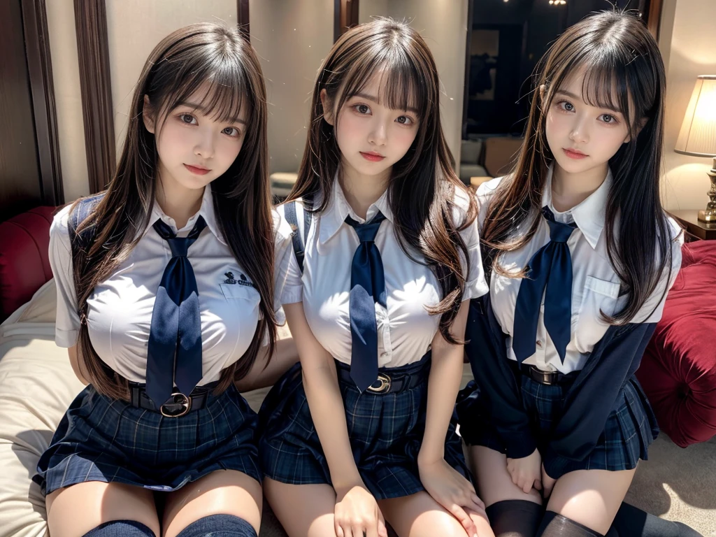 (8K, Raw photography, top-quality, masterpiece:1.2), master piece, best quality, illustration, Super detailed, fine details, High resolution, 8K,wall paper, perfect dynamic composition,(Details High quality, realistic depiction of eyes:1.3), ((2 girls, 2 schoolgirls)), The background is a luxury hotel room、High school girl uniform、blazer 、Super Short Check Uniform Skirt、Navy blue high socks、garterbelts、Colossal tits、Disturbed uniform, Play with each other,Touching each other's bodies,Touching the body of the girl next door, short bob hair, black hair color, huge breasts, Big Natural Color Lip, bold sexy pose, (perfect body shape), crying a little、cold gaze, Beautiful makeup,glitter makeup,Cutest 18 years old, beautiful legs, hposing Gravure Idol, Voluptuous thighs