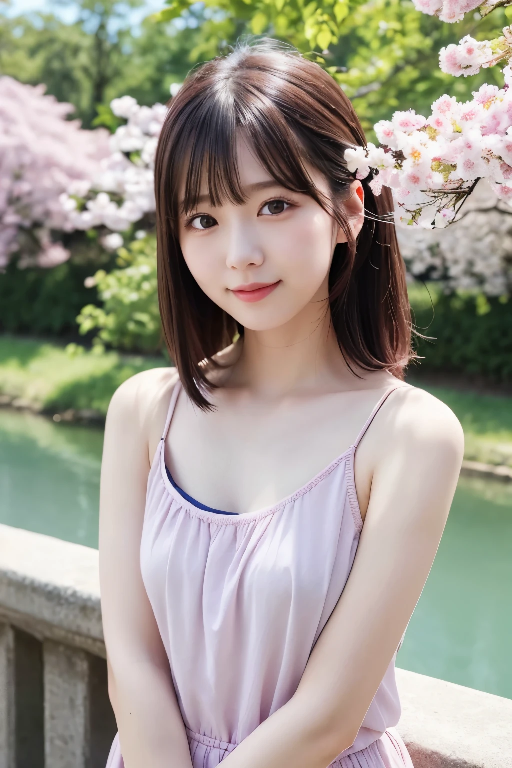 top-quality、超A high resolution、(photoRealstic:1.4)、red blush、cute little、(Detailed face)、Smile、Looking at the camera、The upper part of the body、komono、Sunnyday、a river、(cherry trees)、blue-sky、camisole pink
