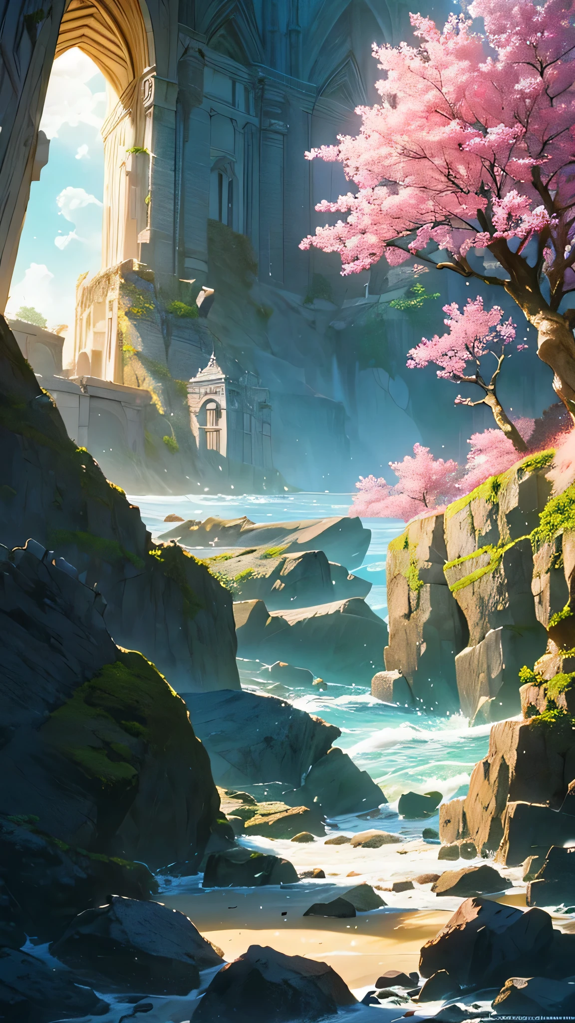 Amazing pink tree on the rocks on the beach, A realistic depiction style of light, aisle, Art inspired by faith, ruins, Light-filled scene, immersive environments, Floral and natural motifs