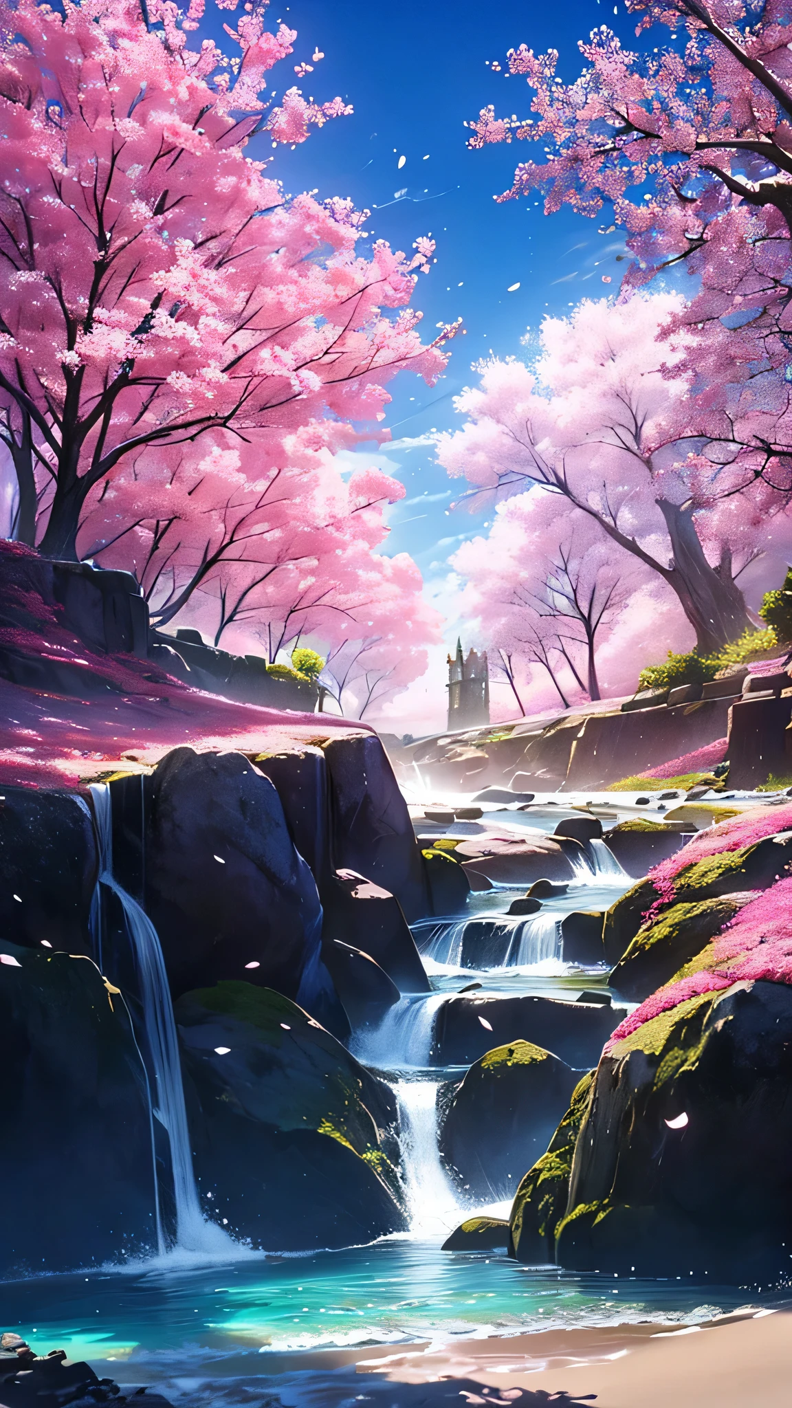 Amazing pink tree on the rocks on the beach, A realistic depiction style of light, aisle, Art inspired by faith, ruins, Light-filled scene, immersive environments, Floral and natural motifs