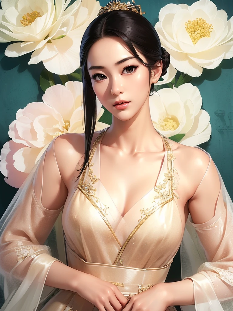 (best quality,ultra-detailed,realistic:1.37),(Korean:1.1)(beautiful detailed dress,adult,woman,detailed description),(beautiful detailed woman,beautiful Chinese background,exposed collarbone),(black eyes,natural eyes,realistic facial features,beautiful leg line),(sexy,full body photo,realistic body proportions,accurate eye ratio),(frontal photo,realistic and slender face)