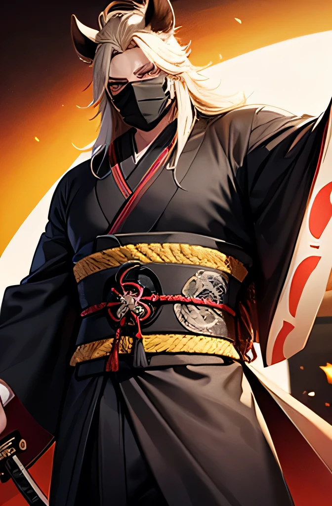 The man has an ideal body, he also wears a mask with a pig design, he wears a black samurai kimono, has long yellow hair, and the weapon he uses is a sword.