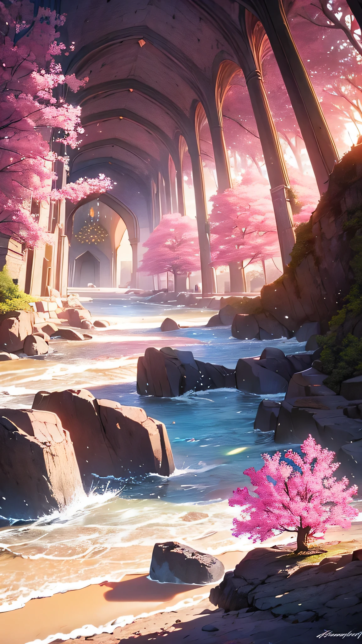 Amazing pink tree on the rocks on the beach, A realistic depiction style of light, aisle, Art inspired by faith, ruins, Light-filled scene, immersive environments, Floral and natural motifs