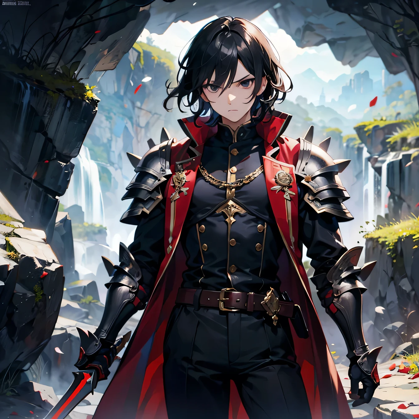 Anime art style,highest quality,High resolution,Anatomically correct,One Man,good looking,Twenty generations,Black Hair,Black Eyes,Super detailed,Fantasy worldview,Spiky Hair,Tun-tsun Hair,Brave,Slender build,Red long coat,Simple armor,Black trousers,cave,Serious expression,Lifted eyes,Shouting bravely,Holding a sword,8K