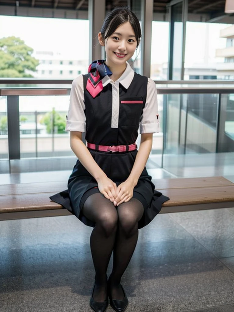 masterpiece, best quality, 1 girl, solo, , (flat chest:1.3),skinny, Perfect Face, beautiful, extremely long hair, jal uniform, church, black pantyhose, pink lace panty, panties under pantyhose, japanese, (skirt lift:1.3), (show off panties:1.3), embarrassed, sit on a bench, full body, looking through legs,