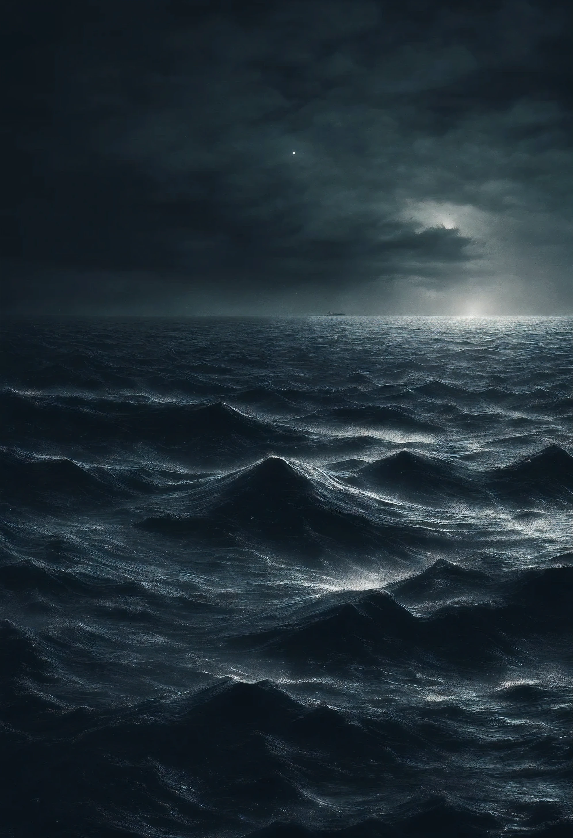 Close-up of rough sea at night, Starry Sky, Surreal dark otherworldly emotions, Beautiful digital artwork, Stunning digital illustrations, view of a boat in ocean at sunset, photo of the middle of ocean, dark ocean water, Realistic ocean, middle of ocean, a photo of ocean, movie still Eight thousand, An ocean, Stunning mood photography, floating in ocean, Eight thousand. Volumetric Lighting. dark, an astronaut lost in ocean, ocean