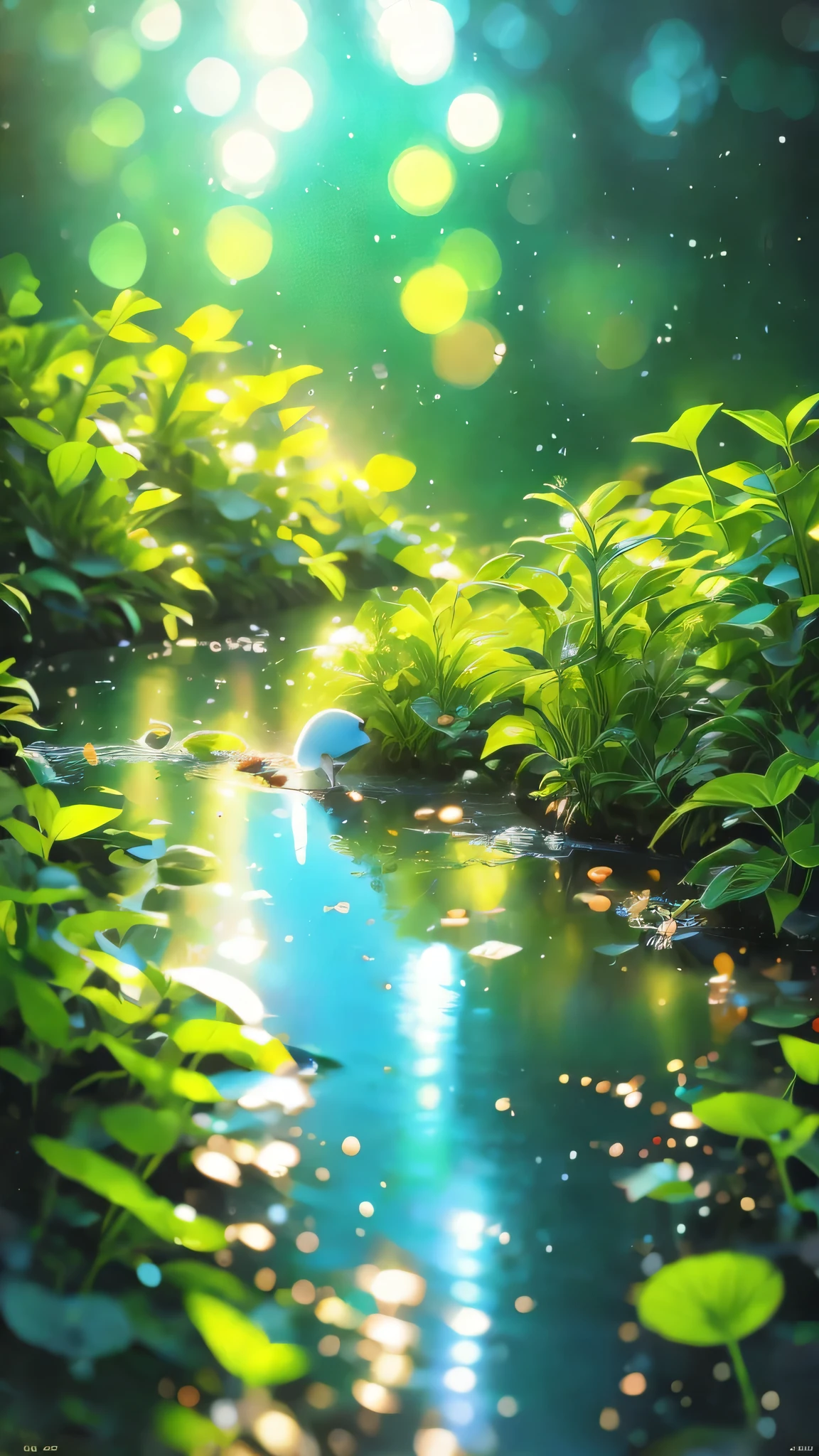 masterpiece, Macro photo of a bird drinking water in the forest, evening, mushroom, Dew Drops, High Contrast, Studio Ghibli style, Very complex, Very detailed, Photorealistic Style