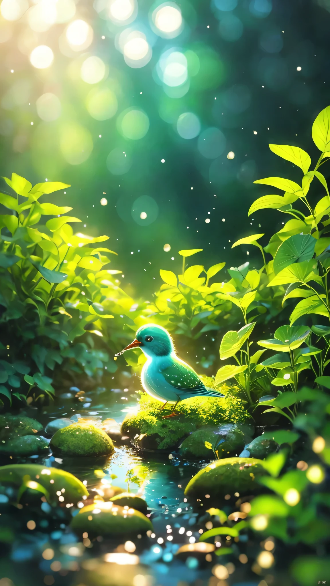 masterpiece, Macro photo of a bird drinking water in the forest, evening, mushroom, Dew Drops, High Contrast, Studio Ghibli style, Very complex, Very detailed, Photorealistic Style