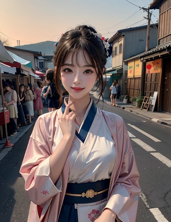 Looking at the camera,(((Top quality, 8K, masterpiece))), Sharp focus, (Beautiful Women in Perfect Shape), slim, (hairstyle: up)), ((kimono: sugar cane)), street: 1.2 高度详细的脸部和皮肤纹理 细致的眼睛 Double eyelids随意姿势, (Smile),super cute Japan person,super beauty Japanese girl, Realistic face, Double eyelids,Smile,Summer Day Festival , Sunset , Beautiful Teeth , Fireworks background.