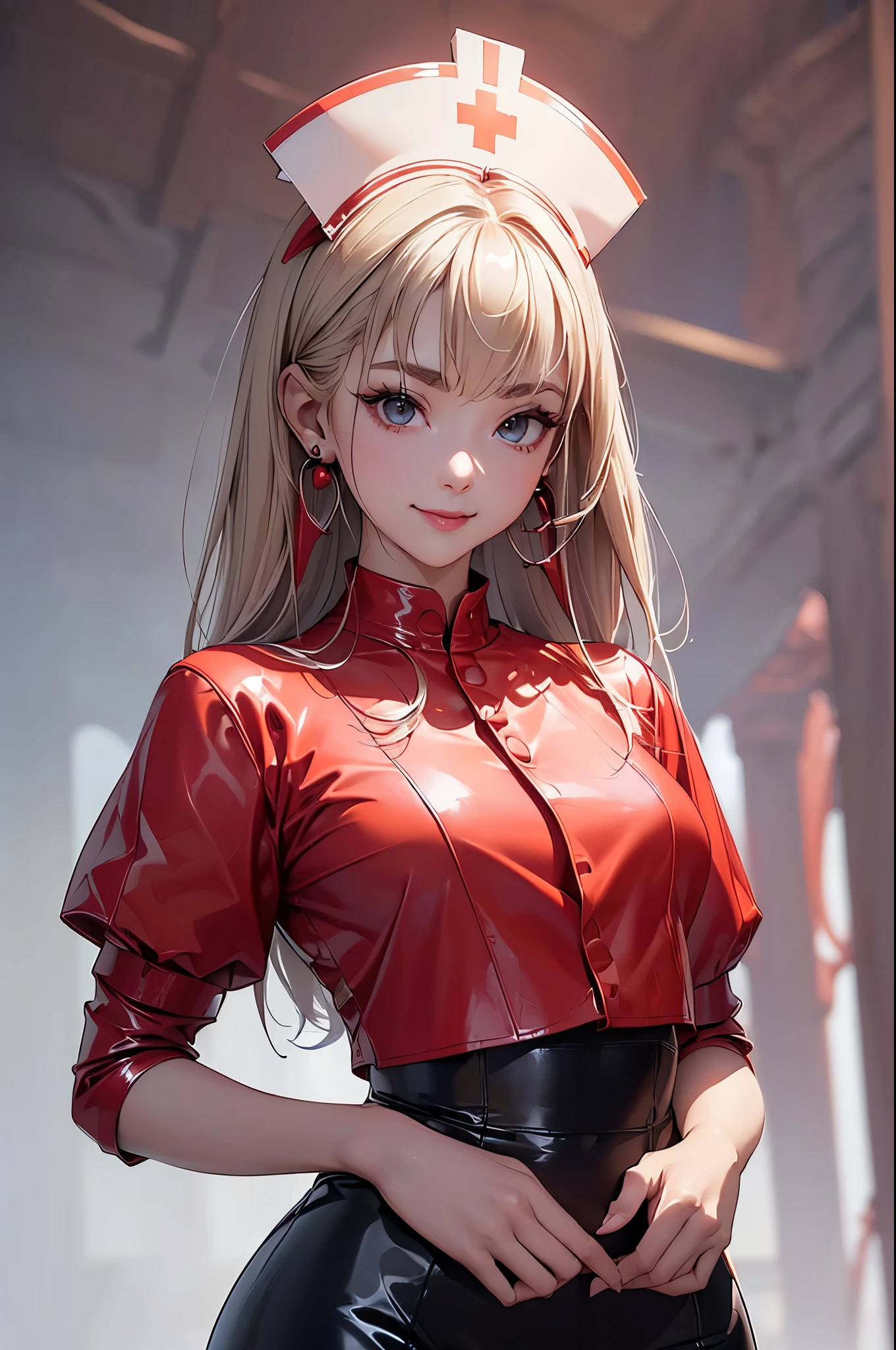 ((Biologically correct limb count))、((Full Body Shot, Full-body photo including face、Head to toe photos))、4K、masterpiece、((Focus on the face))、((Symmetrical facial features))、Eyes of meticulous depiction、Beautiful woman、Excellent style、Beautiful feet、(Black Stockings、High heels with anklets)、Detailed depiction of the face、Small earrings、necklace、((Close-up photo of the upper body))、(red latex shirt、Latex skirt、Nurse uniform)、Scenery of the old castle、(Low - Angle)、(smile)、((Thick morning fog all around)、I can't see anything around me)、