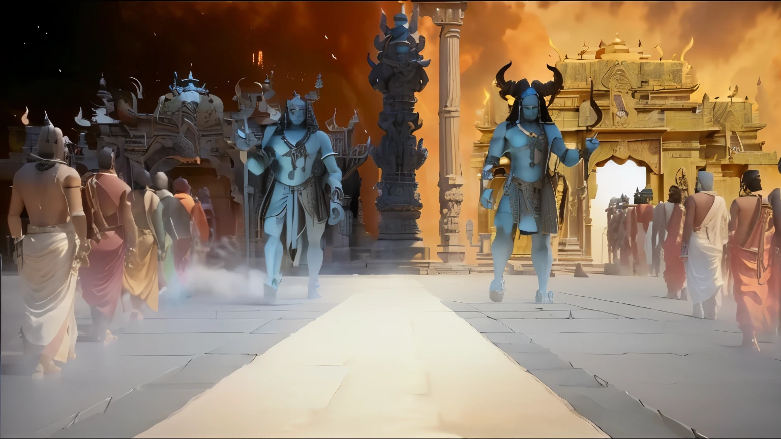 there are many people walking down a street with a lot of statues, devil the destroyer, cybertronic hindu temple, temple background, still from a fantasy movie, from ramayan, 3 d render and matte painting, new gods, hindu gods, cgi art, lord shiva, shiva, vfx shot, submerged temple ritual scene, amazing cgi, cgi animation