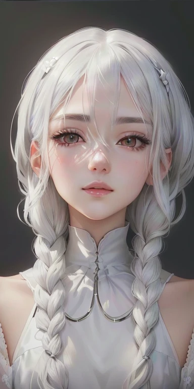 close-up of a man with long gray hair and a white dress, stunning anime face portrait, beautiful anime portrait, artwork in the style of Gouvez, Girl with white hair, beautiful anime face, detailed anime soft face, perfect white-haired girl, Photorealistic render of an anime girl, detailed portrait of an anime girl, Gouvez, Realistic teen anime girl