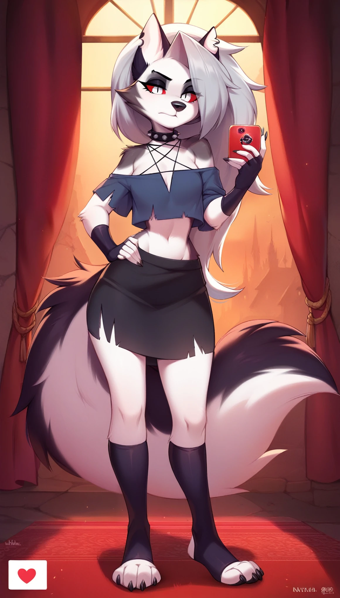 score_9, score_8_up, score_7_up, score_6_up, safe content, by vivzmind, mammal, canid, canid demon, demon, anthro, female, solo, eyewear, jewelry, necklace, helluva boss, hellhound, loona, choker, goth, official art, inverted cross, instagram,full body, full shot