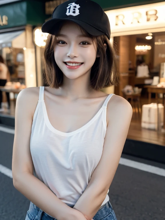 masterpiece, highest quality, High resolution,alone,Brown Hair,artistic,Best lighting,casual,Flat Chest,Beautiful Face,expensive,smile,light makeup,Age 25,Calm woman,Detailed Hair,Laughing woman,Bob Cut Hair,A woman wearing a baseball cap,outside,morning,Shopping Street
