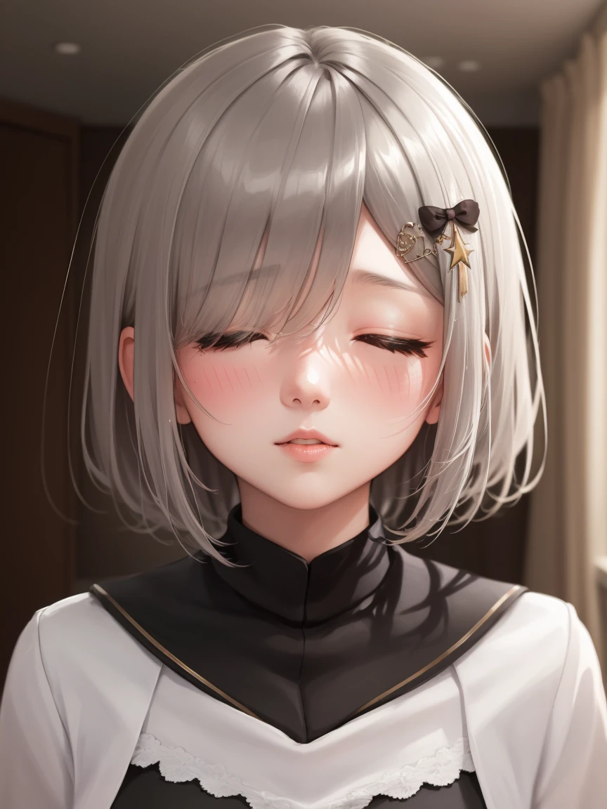 Portrait, official art, best masterpiece, best quality, best resolution, 8K, best detailed, perfect anatomy
BREAK
(sfw), kaga sumire, virtual youtuber, short hair, hair ornament, shirt
, (small breasts:1.2), (short stature:1.2), 1girl, solo
BREAK
def1, face focus, close-up
BREAK
(happy), (blush), (close your eyes:1.3), raised eyebrows, kiss, peck lips, round lips, incoming kiss
BREAK
(indoor, bedroom), dust, dust, light particles, very fine and detailed 16KCG wallpapers