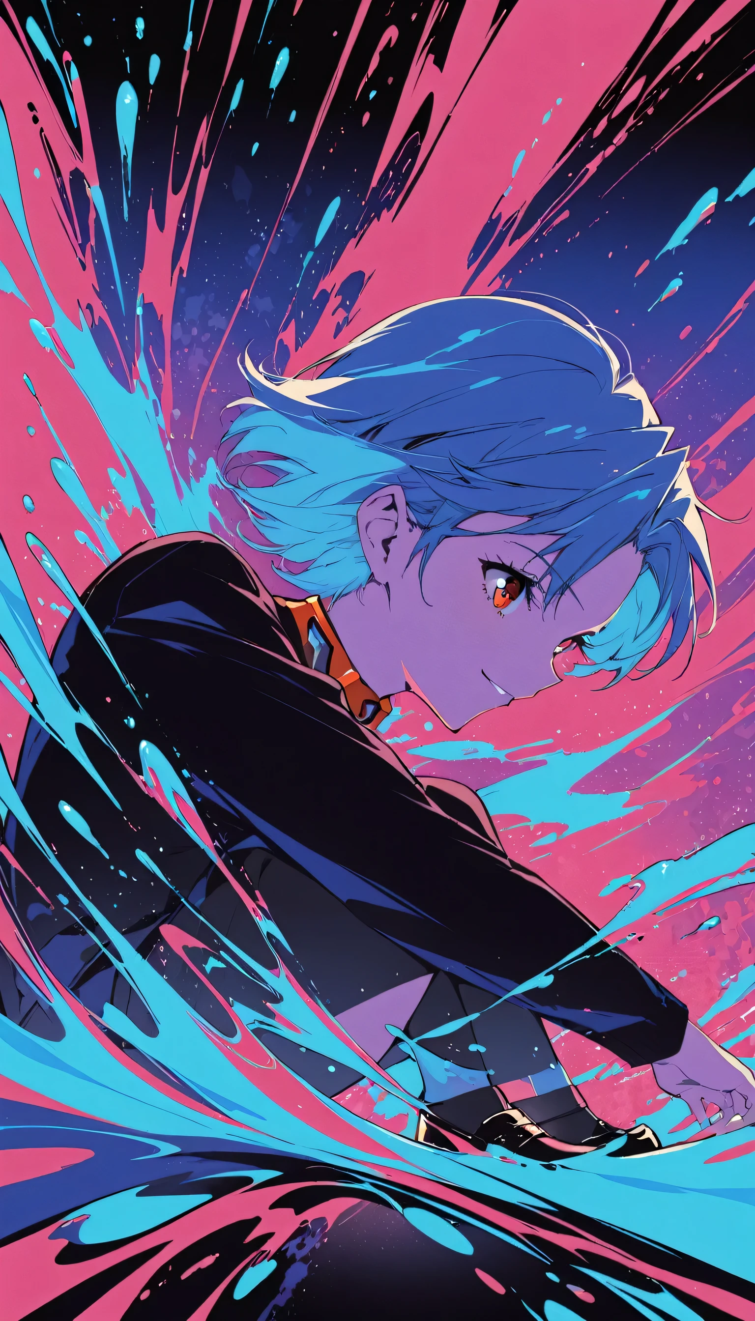 A masterpiece portrait of smiling Rei Ayanami (Evangelion), Evangelion (Hideaki), Caustics, High resolution illustrations, Red eyes, feminine, No students, Blue Hair, short hair, Japanese , loafers, Spank, Synthwave, paint Splashs, Shaded flat illustration, Digital Art, Trending on Art Station, Very detailed, The finer details, Complex, Splash, Overtake, Vaporware, Neon color
