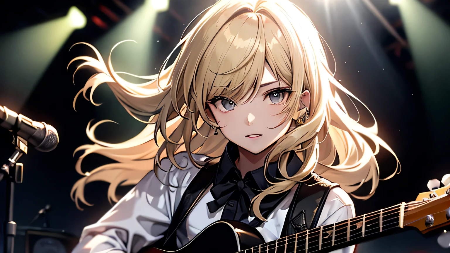 ((highest quality)), ((masterpiece)), (detailed), Perfect Face、live house、Guitar vocals、blonde、Smooth Hair、shout、In the spotlight、whole body、rock band、